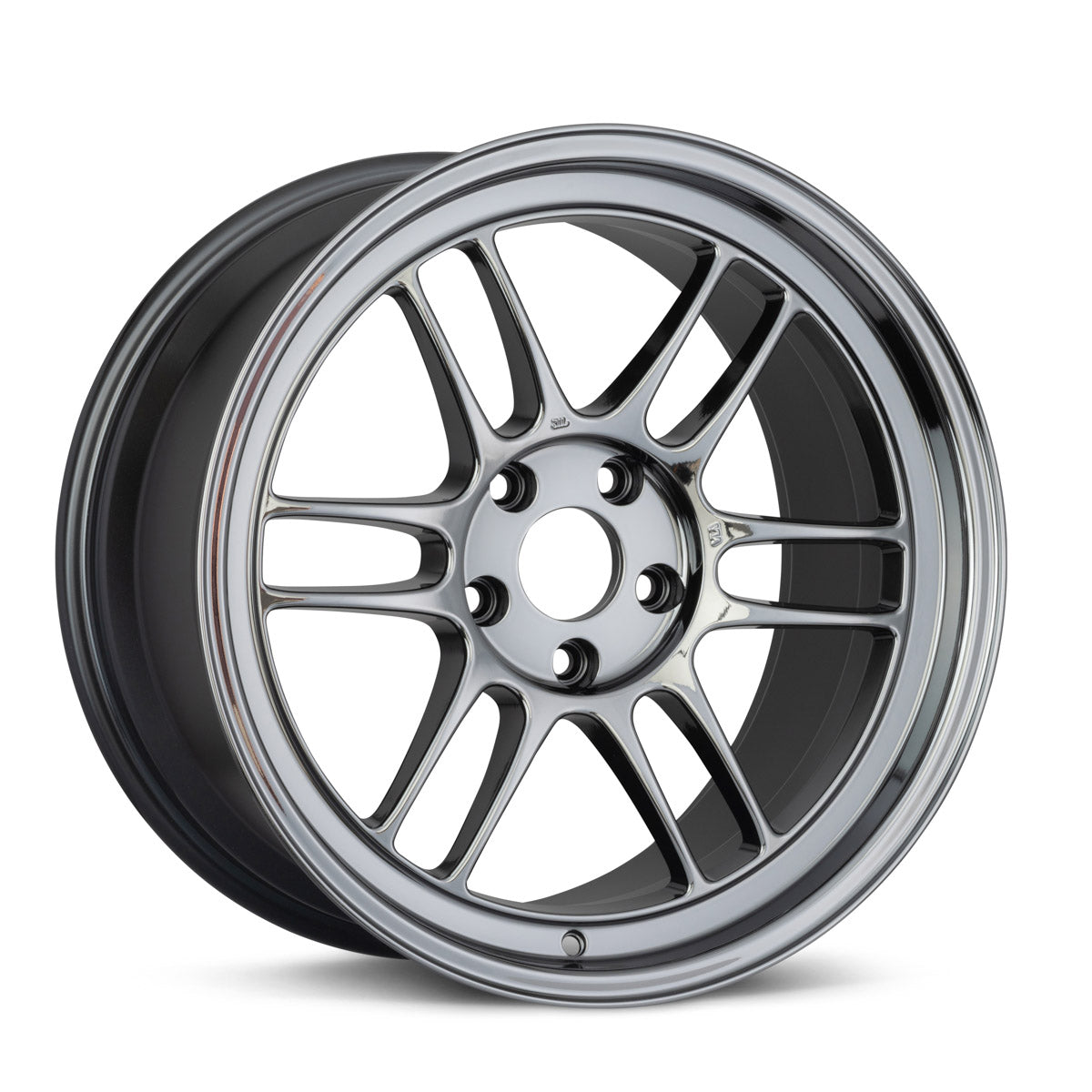 Roda Enkei RPF1 aro 18 prata com friso preto, vista frontal