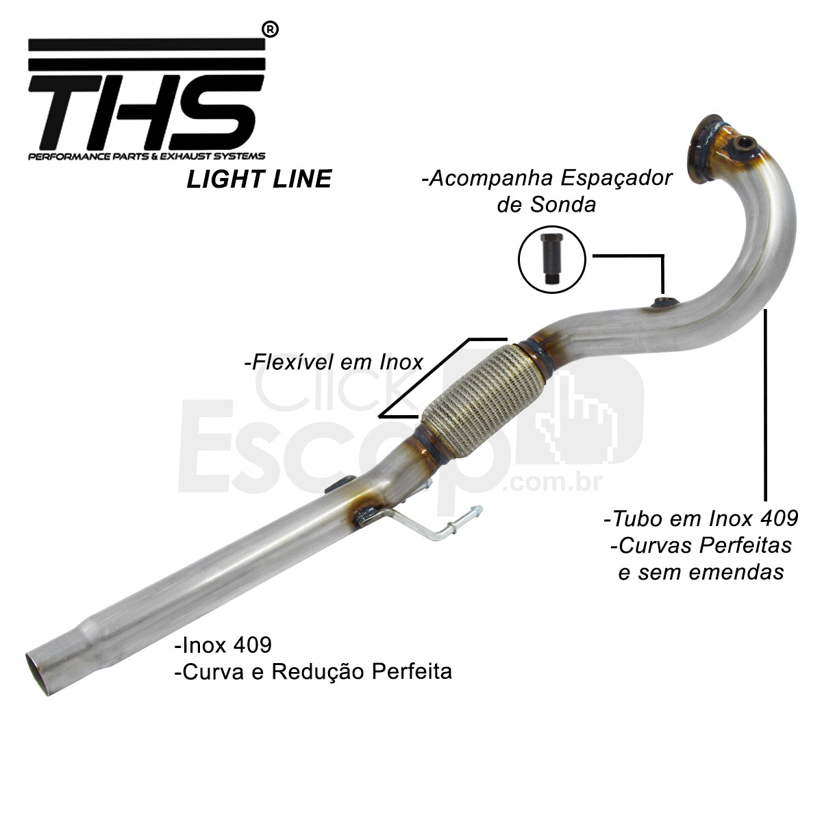 Downpipe THS THSL-0033 - detalhe da tubulação dobrada sem costura